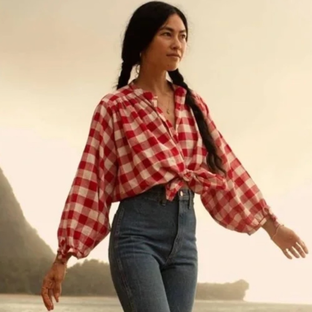 DOÊN O’Keefe red check linen blouse M